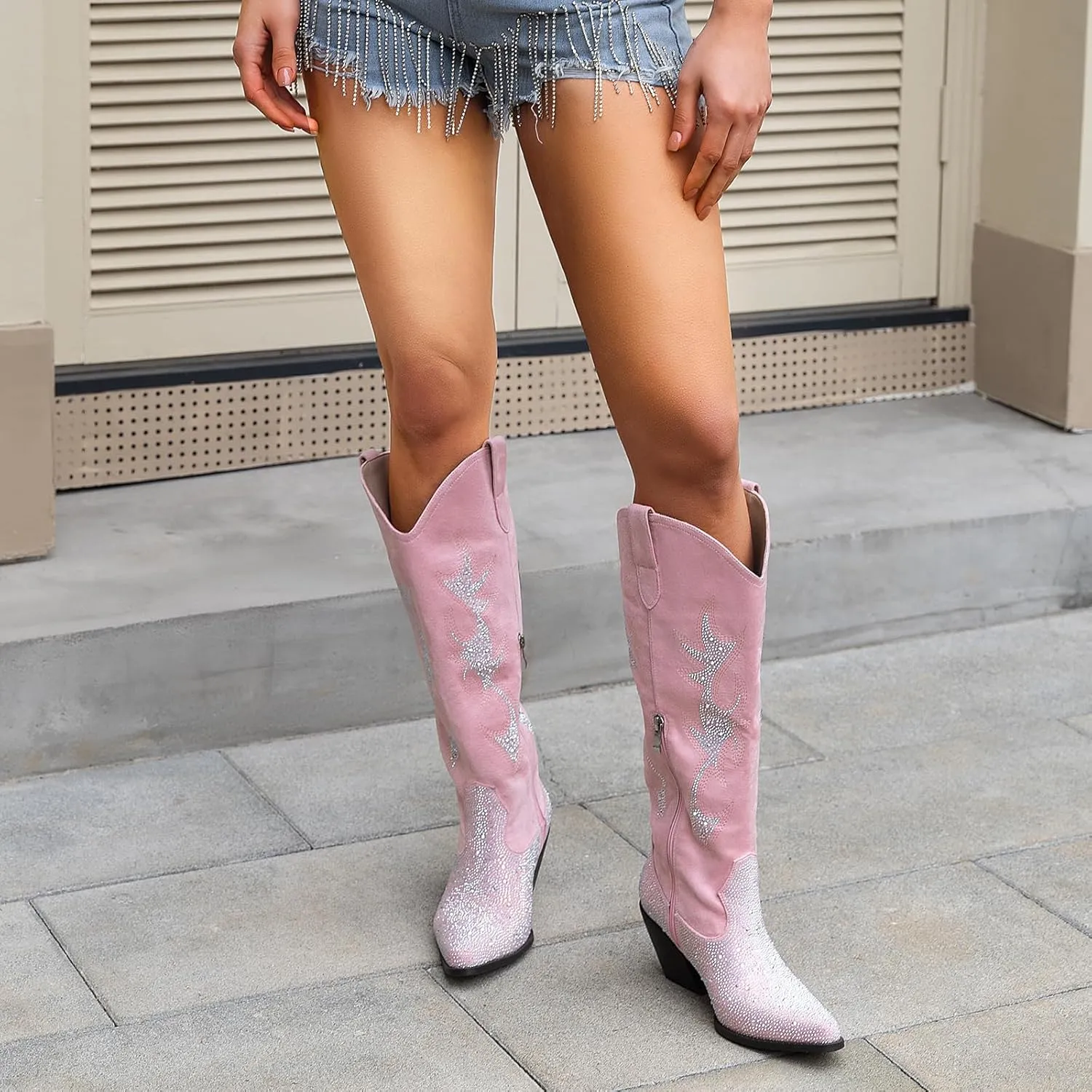 Women's Embroidered Wide Calf Western Cowgirl High Knee Boots Pull On Pointed Toe Cowboy Tall Boots for Ladies
