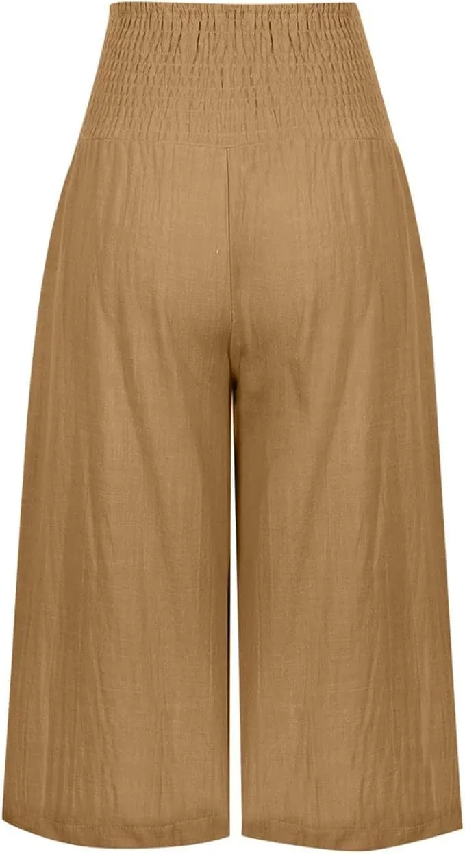 Women's Fashion Cotton Linen Capri Pants Summer Thin Bottoming Cropped Palazzo Pant Casual Loose Wide-Leg Trouser