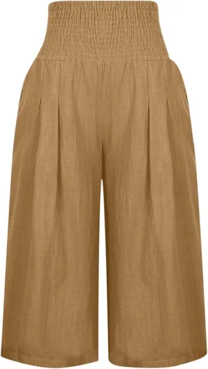 Women's Fashion Cotton Linen Capri Pants Summer Thin Bottoming Cropped Palazzo Pant Casual Loose Wide-Leg Trouser