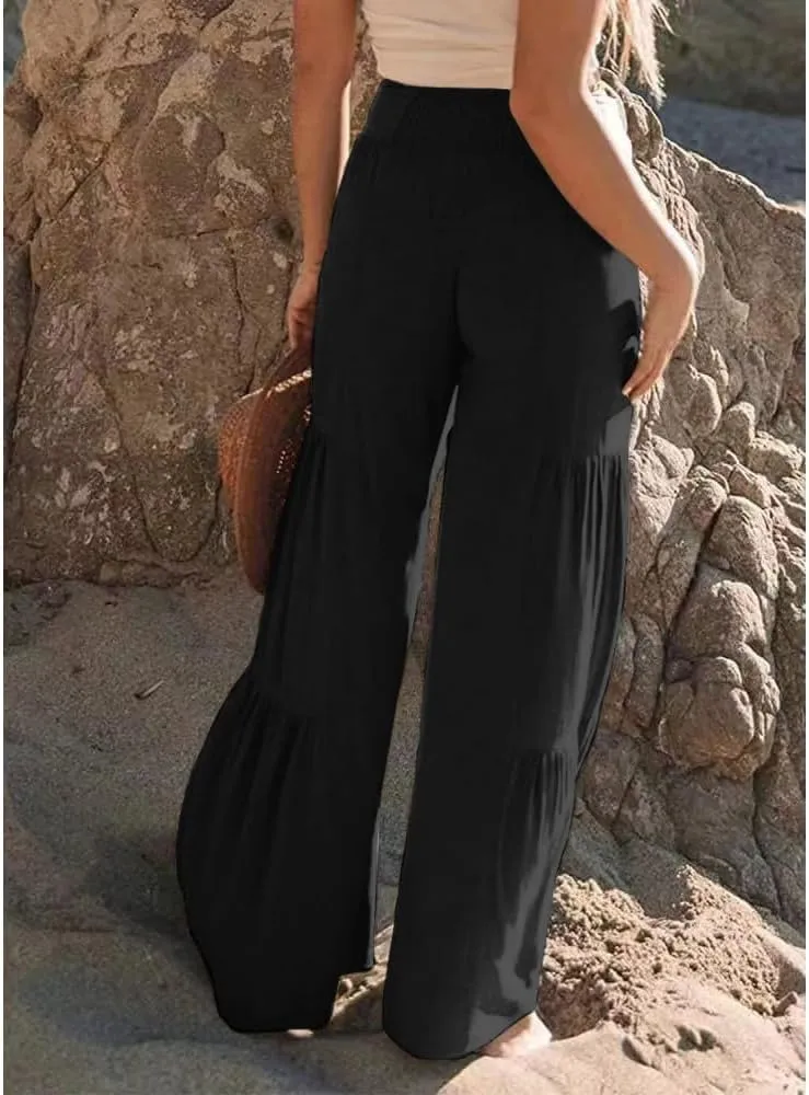 Womens Fashion High Waist Pleated Wide-Leg Pants Casual Loose Flare Palazzo Pant Beach Bell Bottom Lounge Trouser