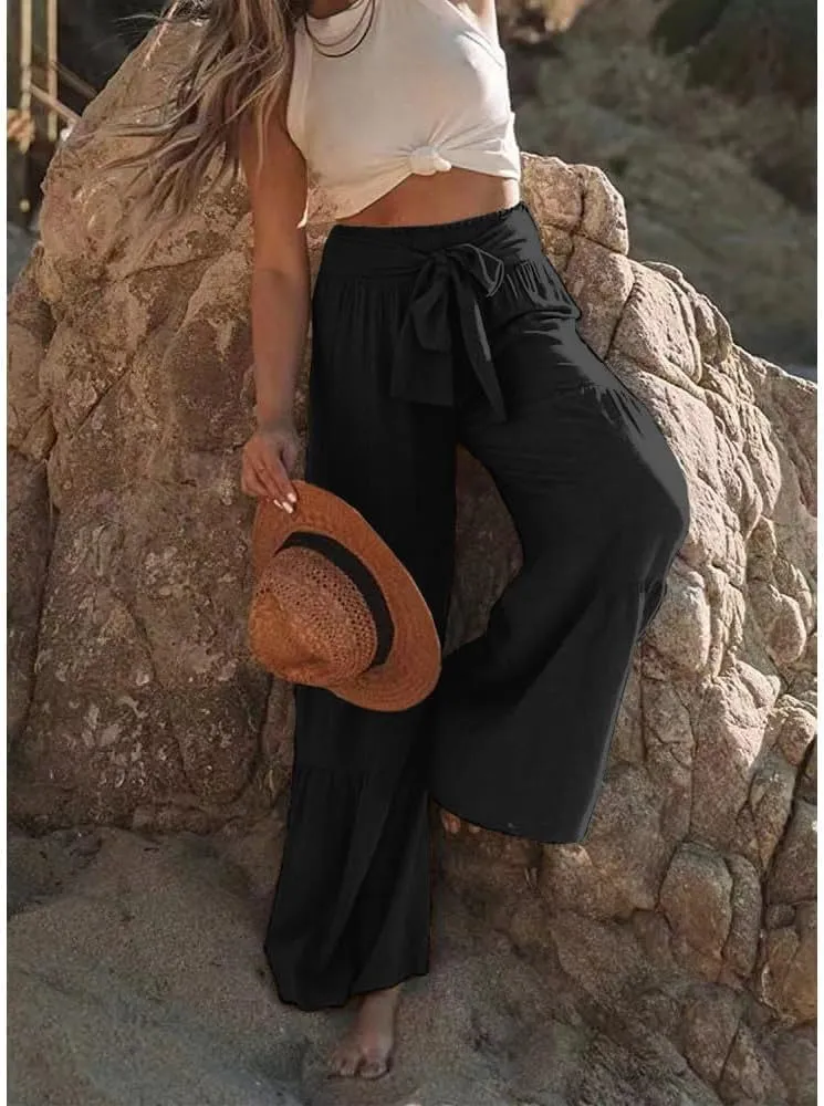 Womens Fashion High Waist Pleated Wide-Leg Pants Casual Loose Flare Palazzo Pant Beach Bell Bottom Lounge Trouser