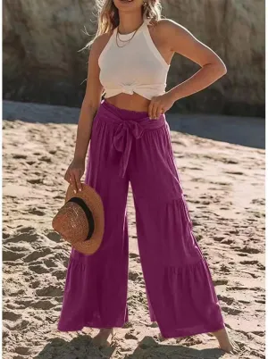 Womens Fashion High Waist Pleated Wide-Leg Pants Casual Loose Flare Palazzo Pant Beach Bell Bottom Lounge Trouser