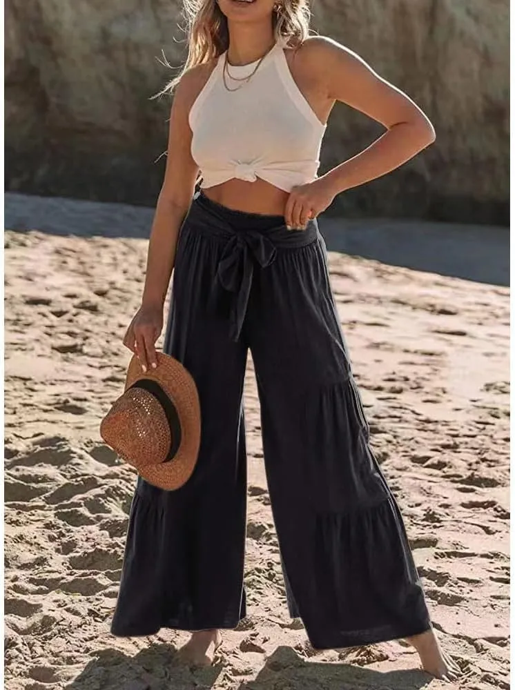 Womens Fashion High Waist Pleated Wide-Leg Pants Casual Loose Flare Palazzo Pant Beach Bell Bottom Lounge Trouser