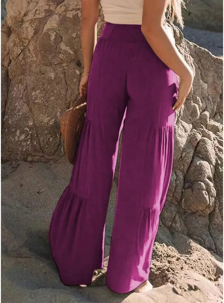 Womens Fashion High Waist Pleated Wide-Leg Pants Casual Loose Flare Palazzo Pant Beach Bell Bottom Lounge Trouser