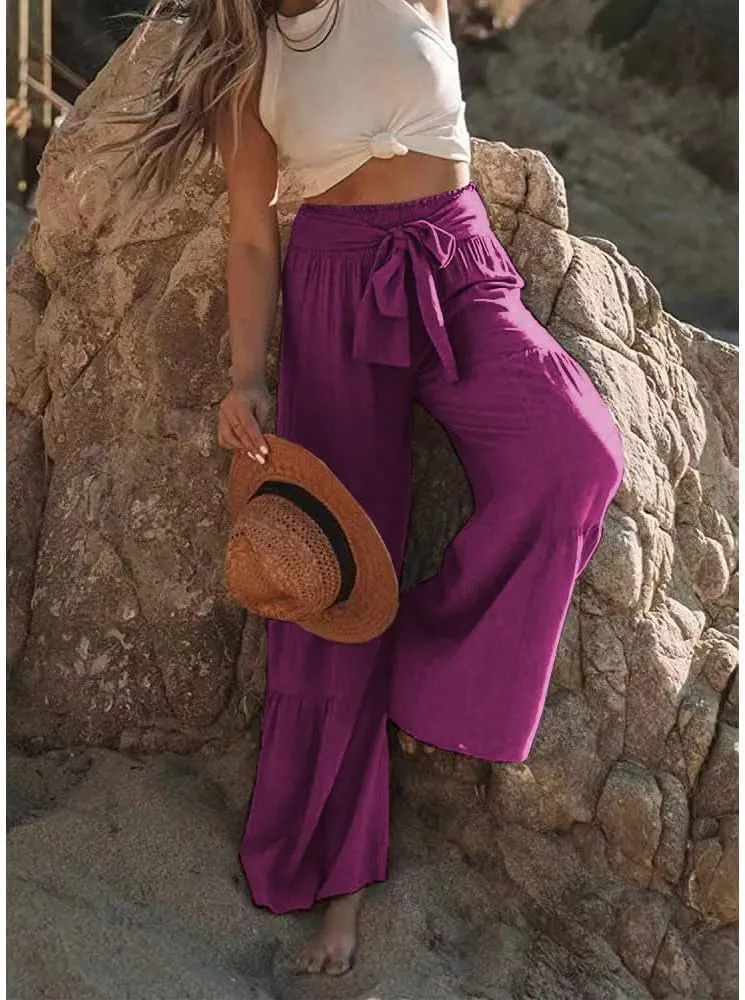 Womens Fashion High Waist Pleated Wide-Leg Pants Casual Loose Flare Palazzo Pant Beach Bell Bottom Lounge Trouser