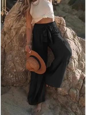 Womens Fashion High Waist Pleated Wide-Leg Pants Casual Loose Flare Palazzo Pant Beach Bell Bottom Lounge Trouser