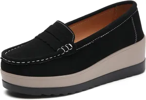 Women's Fashionable Thick Sole Suede Wedge Loafers Comfortable Anti Slip Platform Arch Support Casual Walking Shoes