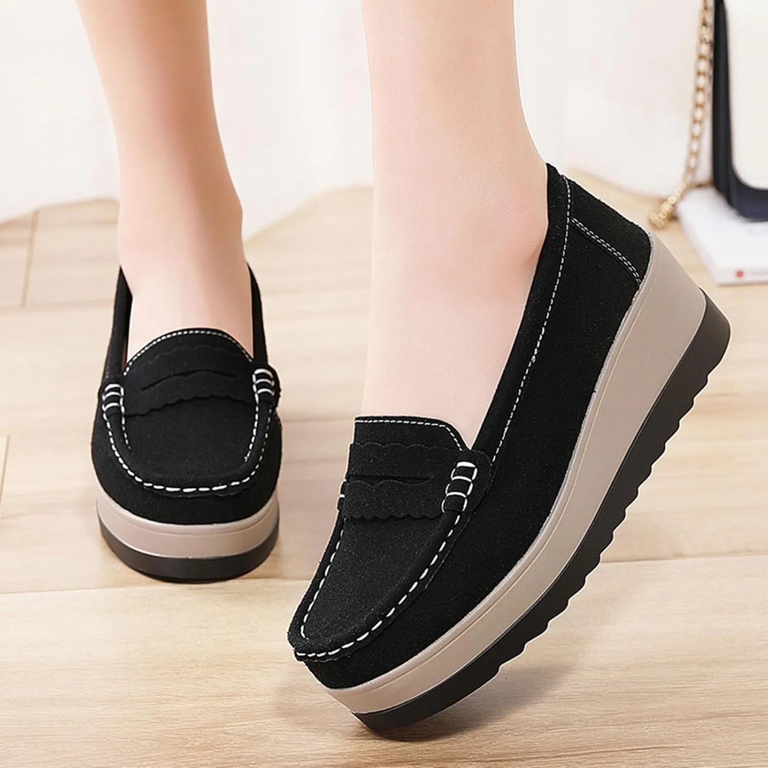 Women's Fashionable Thick Sole Suede Wedge Loafers Comfortable Anti Slip Platform Arch Support Casual Walking Shoes