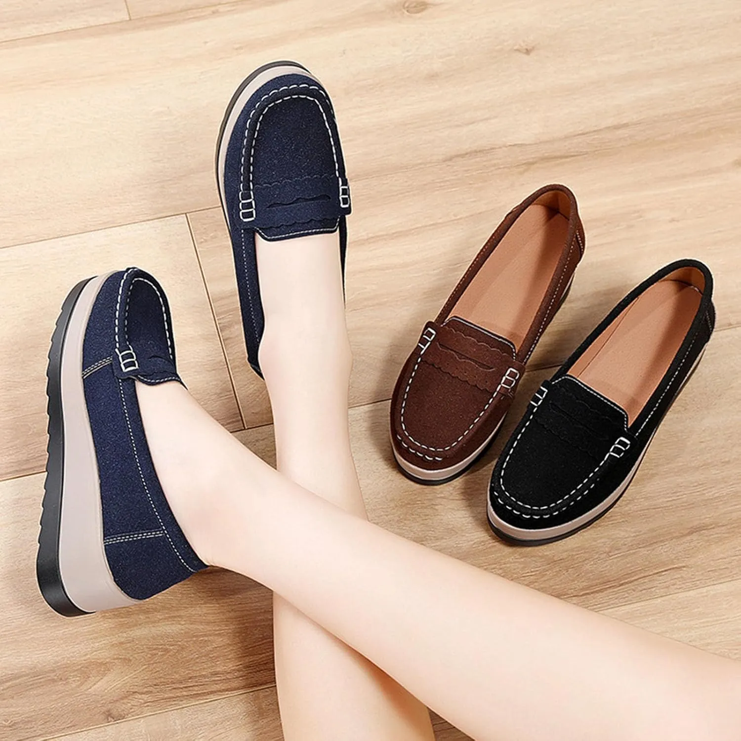 Women's Fashionable Thick Sole Suede Wedge Loafers Comfortable Anti Slip Platform Arch Support Casual Walking Shoes
