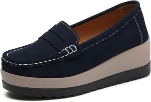 Women's Fashionable Thick Sole Suede Wedge Loafers Comfortable Anti Slip Platform Arch Support Casual Walking Shoes