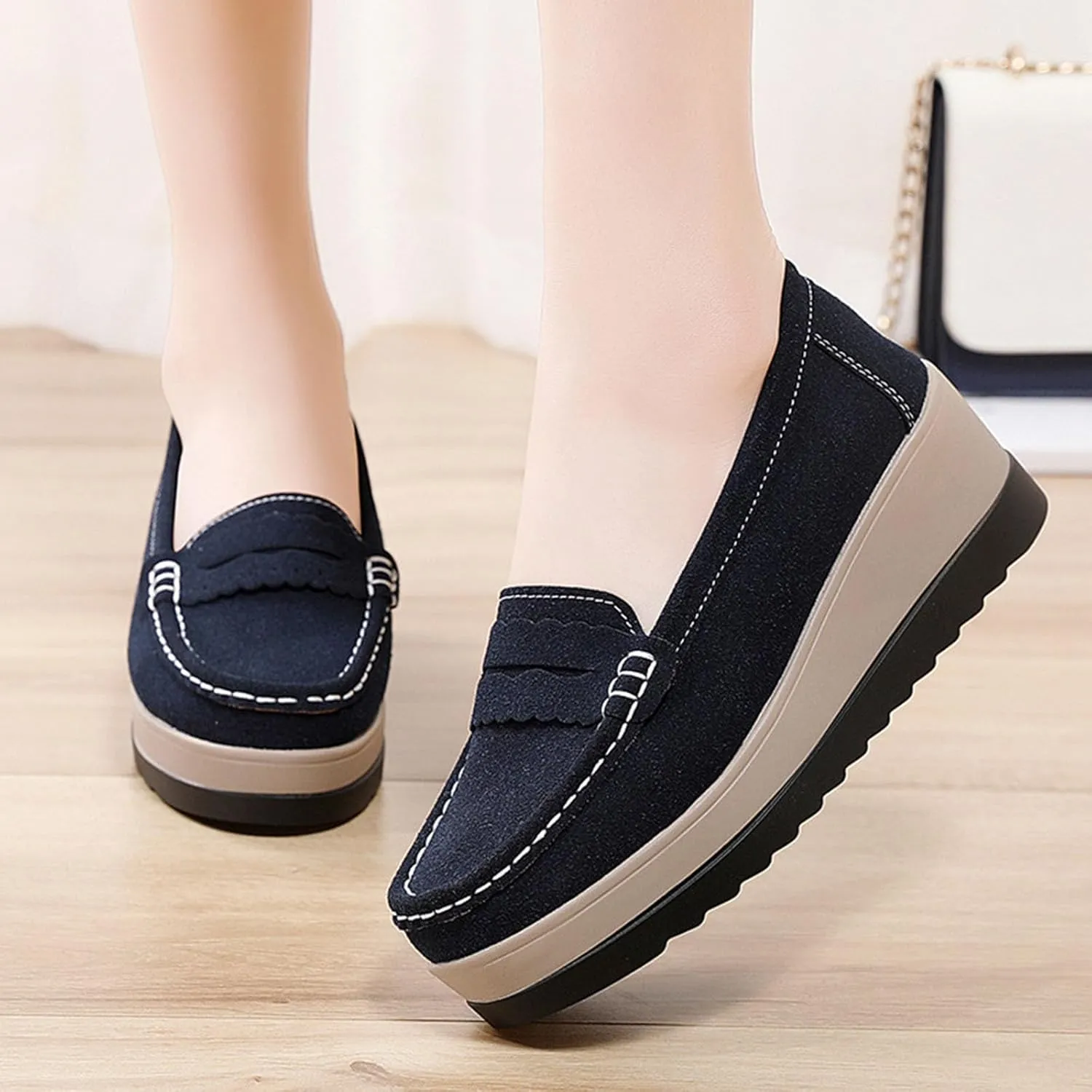 Women's Fashionable Thick Sole Suede Wedge Loafers Comfortable Anti Slip Platform Arch Support Casual Walking Shoes