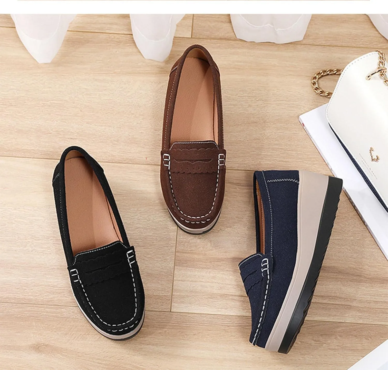 Women's Fashionable Thick Sole Suede Wedge Loafers Comfortable Anti Slip Platform Arch Support Casual Walking Shoes
