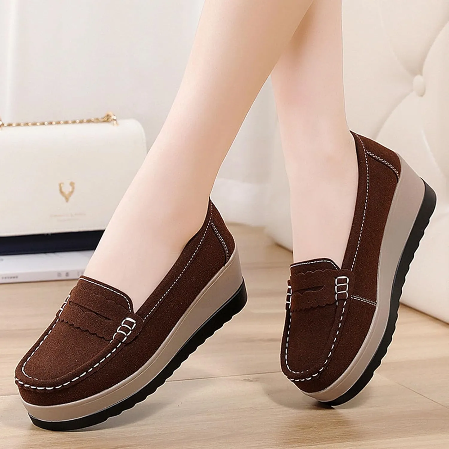Women's Fashionable Thick Sole Suede Wedge Loafers Comfortable Anti Slip Platform Arch Support Casual Walking Shoes