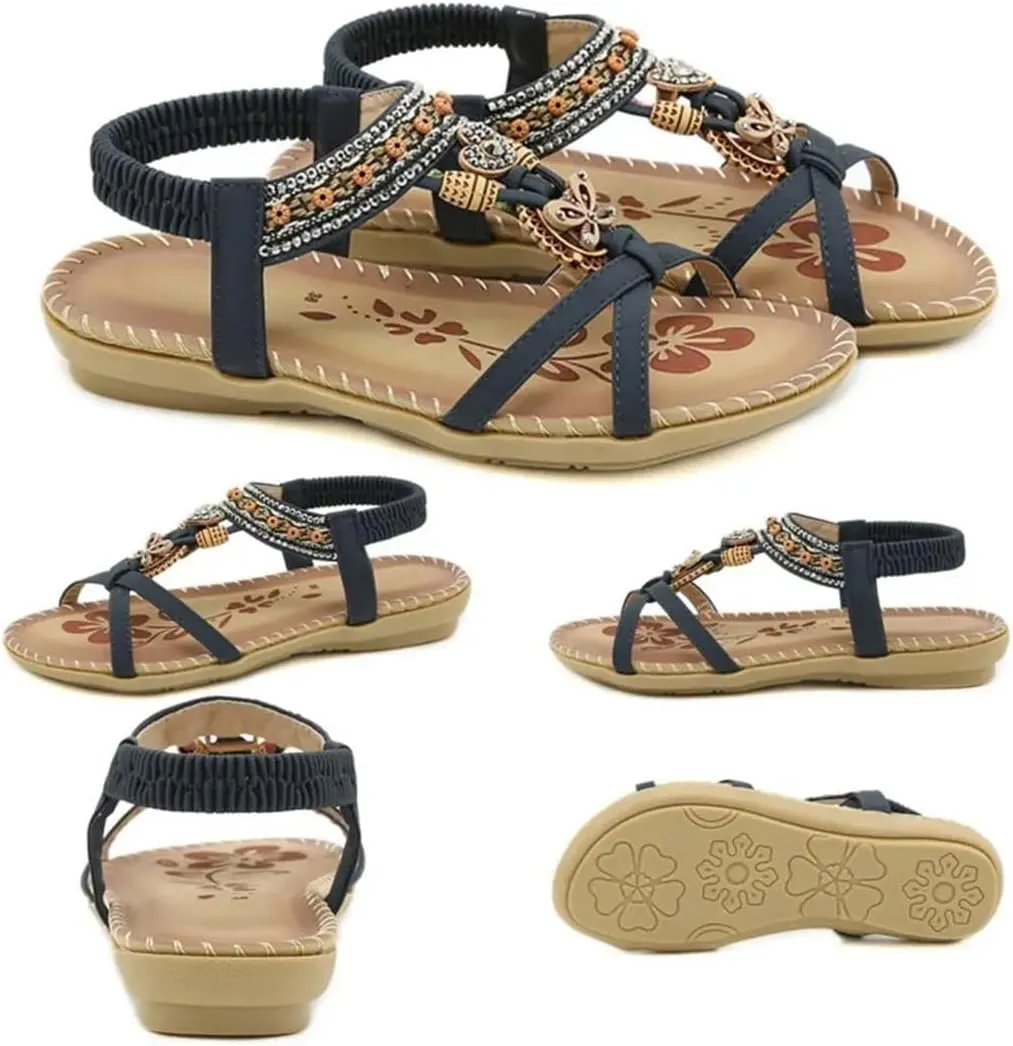 Women's Flower Print Sandals Summer Shoes Elastic Strap Women's Beach Shoes Open Toe Flats