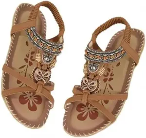 Women's Flower Print Sandals Summer Shoes Elastic Strap Women's Beach Shoes Open Toe Flats