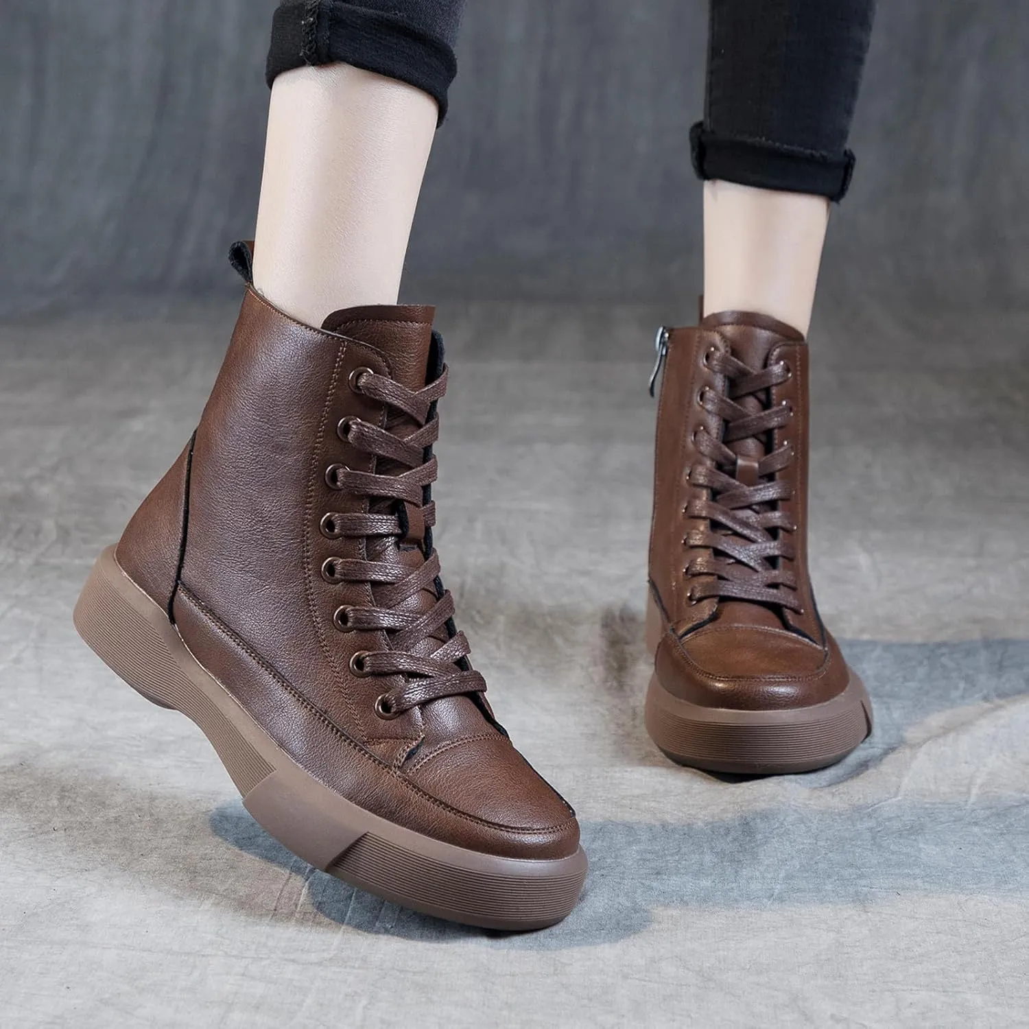 Womens Genuine Leather Lace Up Side Zipper High-Top Ankle Boots Retro Round Toe Platform Adds Height Fashion Combat Booties