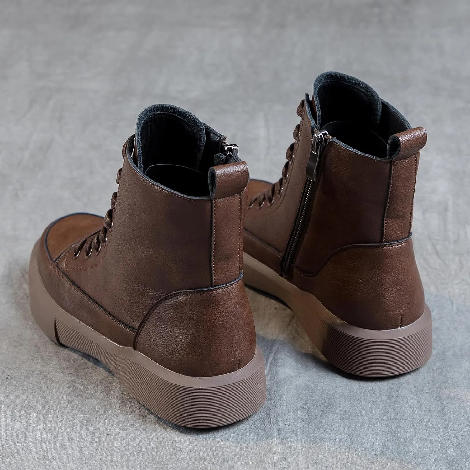 Womens Genuine Leather Lace Up Side Zipper High-Top Ankle Boots Retro Round Toe Platform Adds Height Fashion Combat Booties