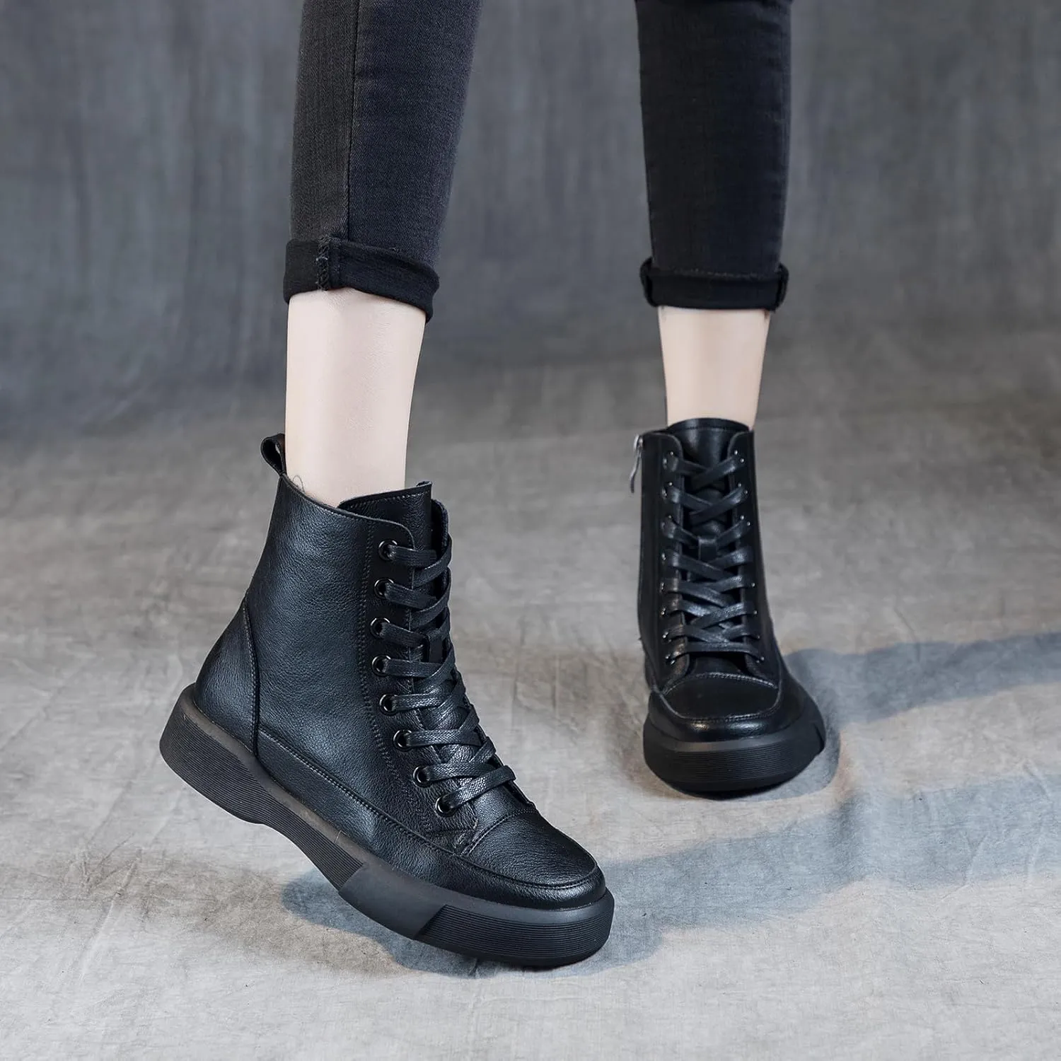 Womens Genuine Leather Lace Up Side Zipper High-Top Ankle Boots Retro Round Toe Platform Adds Height Fashion Combat Booties
