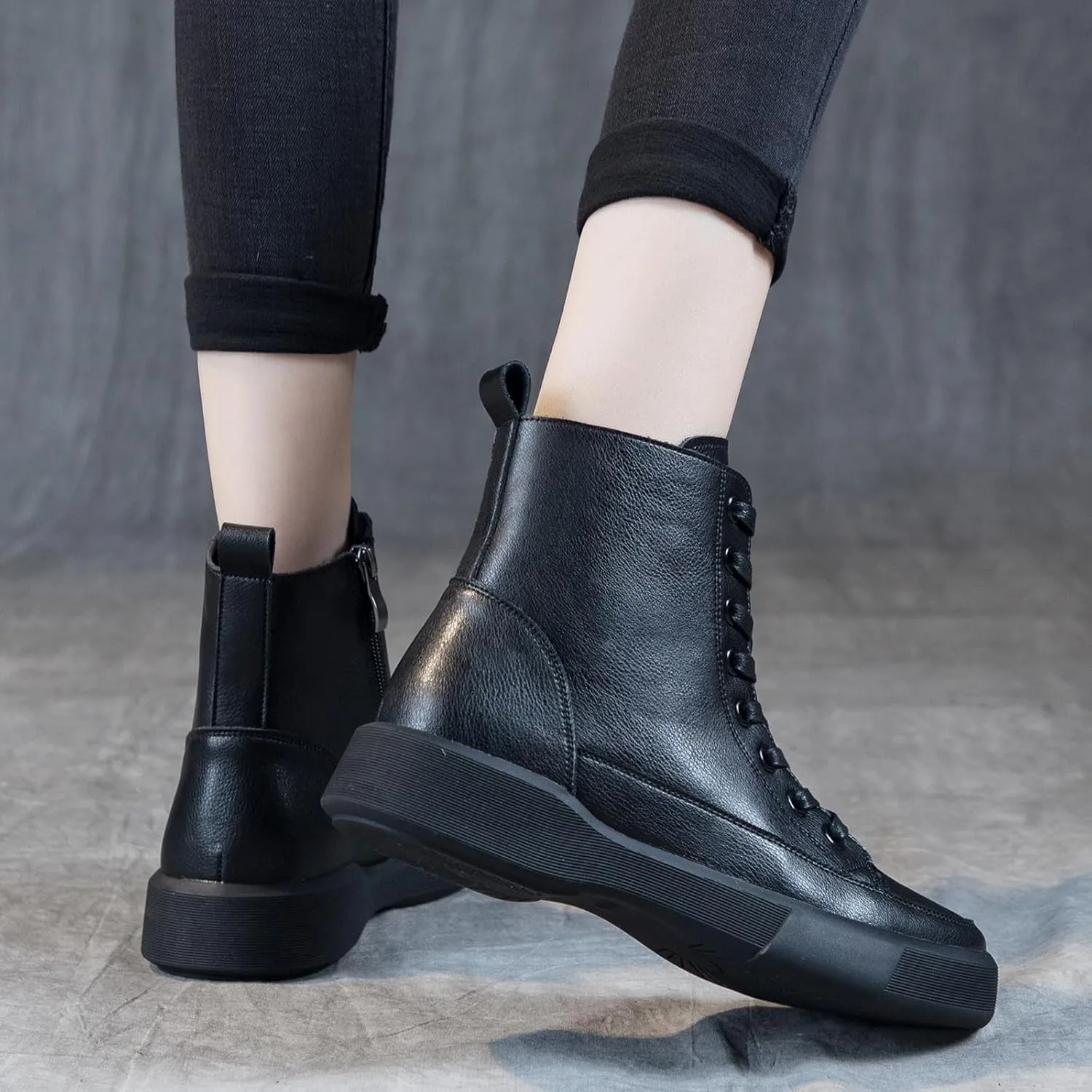 Womens Genuine Leather Lace Up Side Zipper High-Top Ankle Boots Retro Round Toe Platform Adds Height Fashion Combat Booties