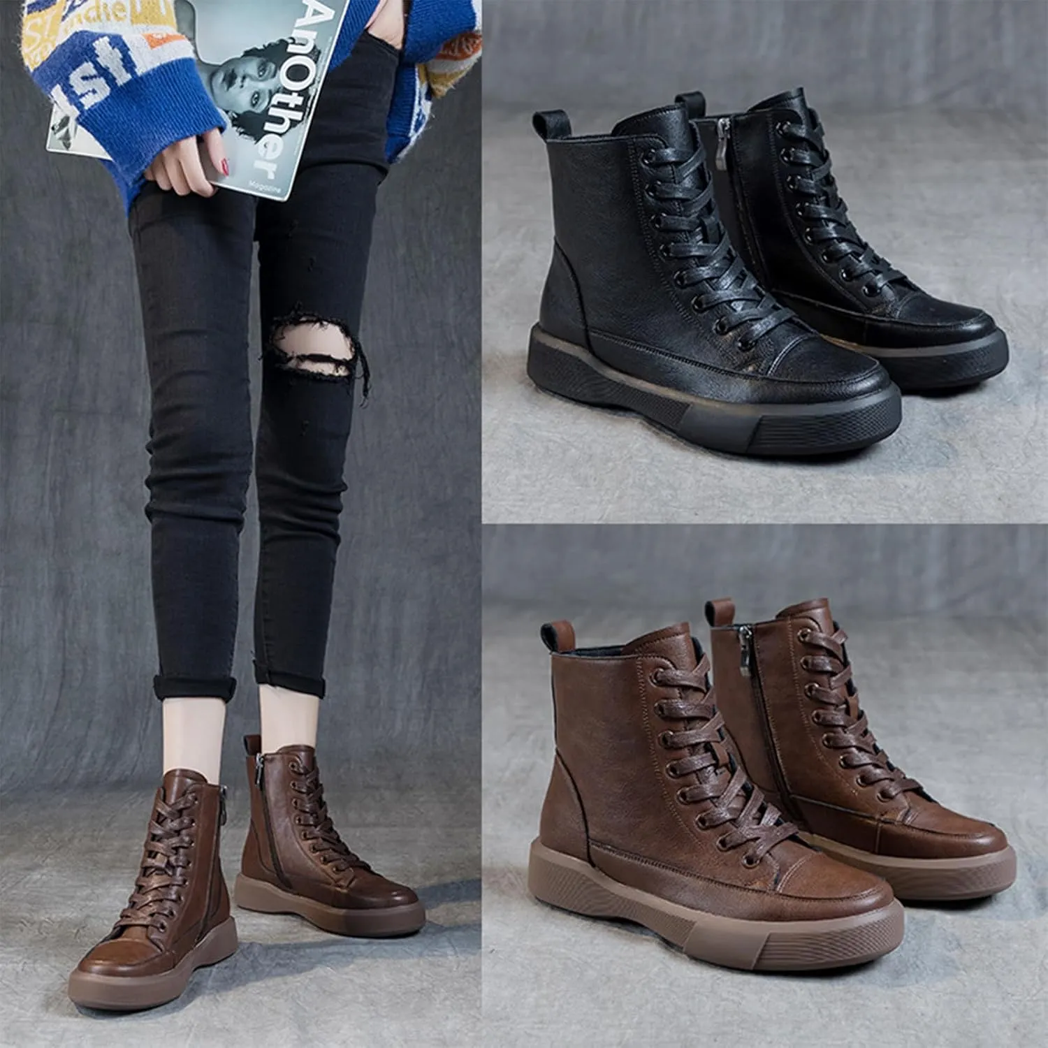 Womens Genuine Leather Lace Up Side Zipper High-Top Ankle Boots Retro Round Toe Platform Adds Height Fashion Combat Booties