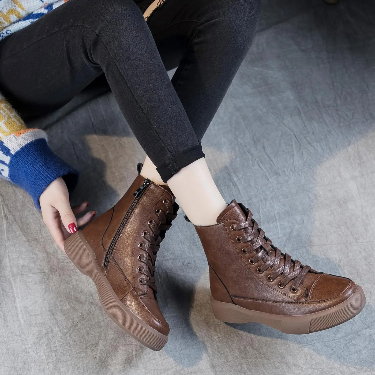 Womens Genuine Leather Lace Up Side Zipper High-Top Ankle Boots Retro Round Toe Platform Adds Height Fashion Combat Booties