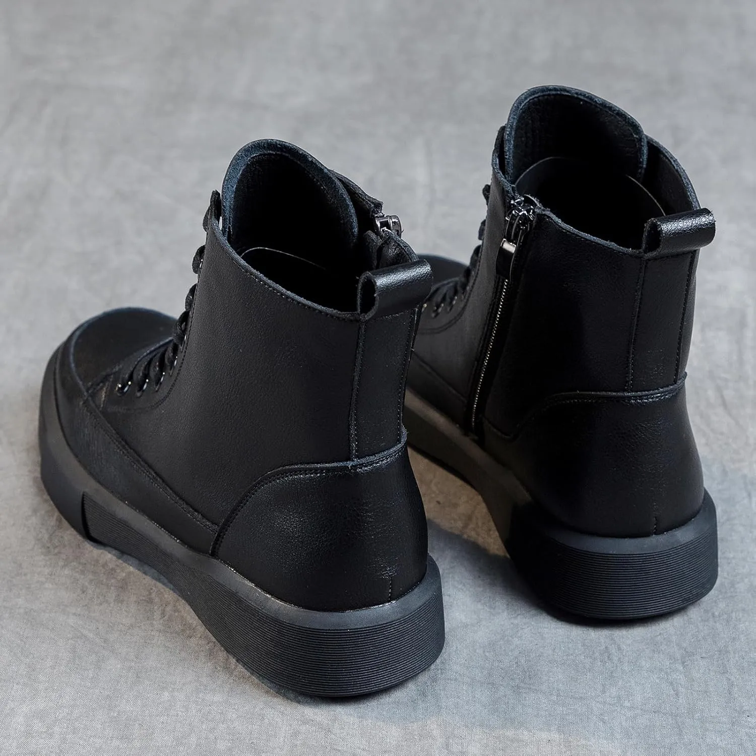 Womens Genuine Leather Lace Up Side Zipper High-Top Ankle Boots Retro Round Toe Platform Adds Height Fashion Combat Booties