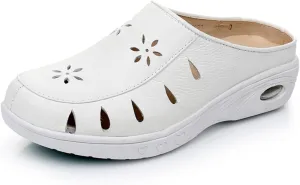 Women's Genuine Leather Slip-On Platform Sneaker Mules Comfortable Round Toe Breathable Cutout Soft Bottom Non-Slip Walking Shoes for Sports Workout Hiking