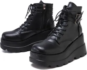 Womens Goth Platform Boots Chunky High Heel Booties Round Toe Combat Ankle Boots Womens Lace Up Motorcycle Wedges Shoes