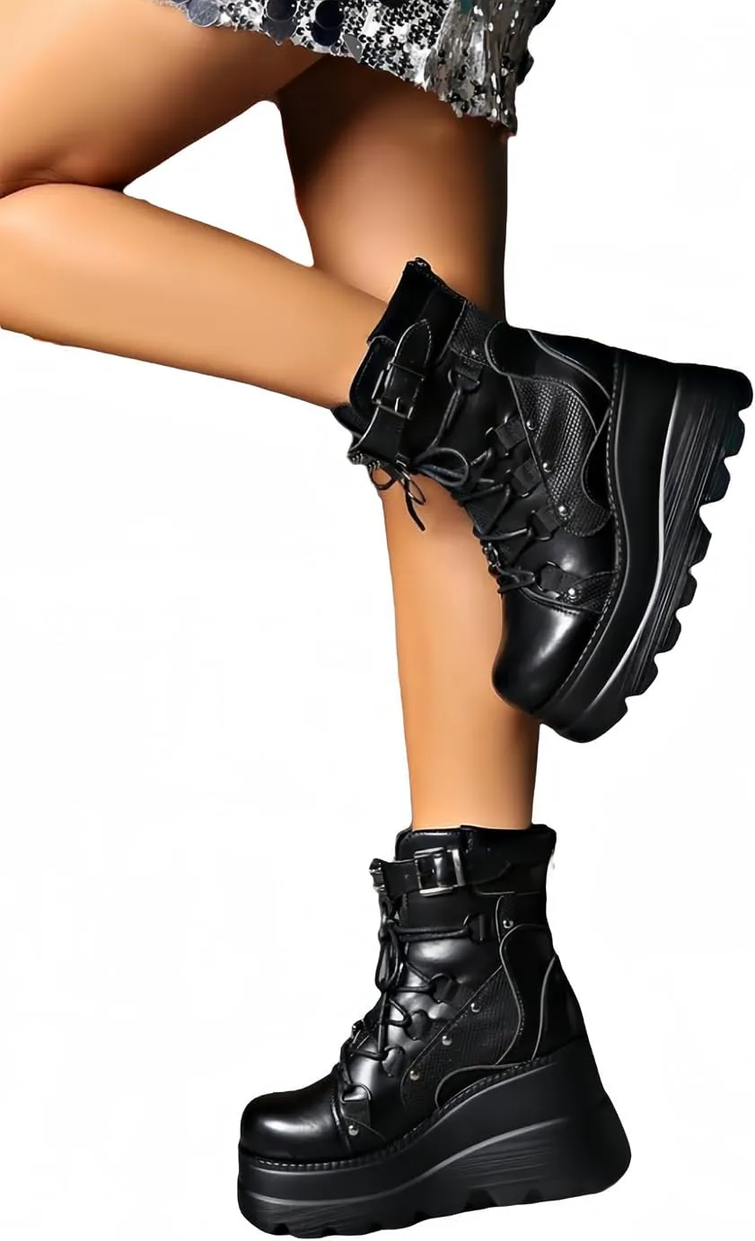 Womens Goth Platform Boots Chunky High Heel Booties Round Toe Combat Ankle Boots Womens Lace Up Motorcycle Wedges Shoes