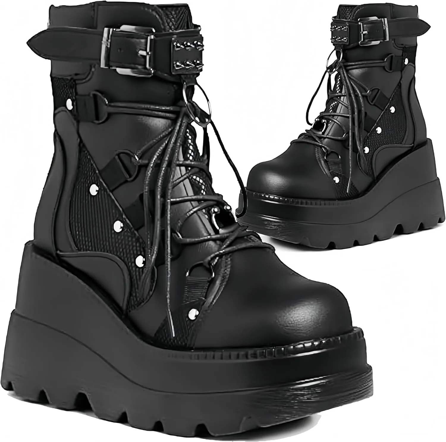 Womens Goth Platform Boots Chunky High Heel Booties Round Toe Combat Ankle Boots Womens Lace Up Motorcycle Wedges Shoes