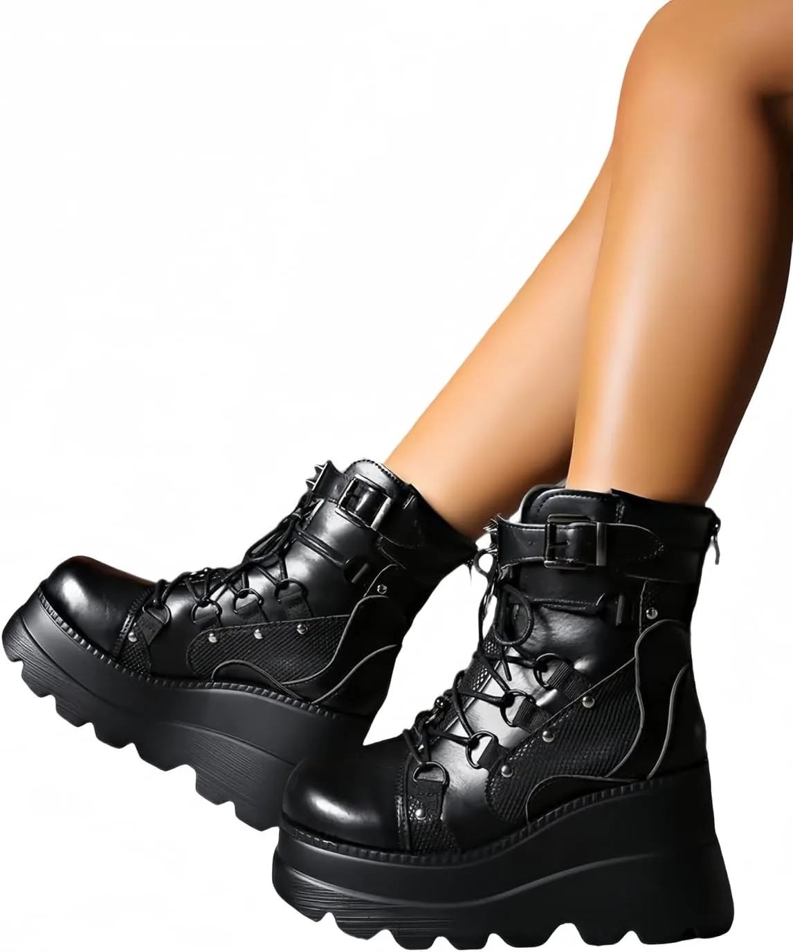 Womens Goth Platform Boots Chunky High Heel Booties Round Toe Combat Ankle Boots Womens Lace Up Motorcycle Wedges Shoes