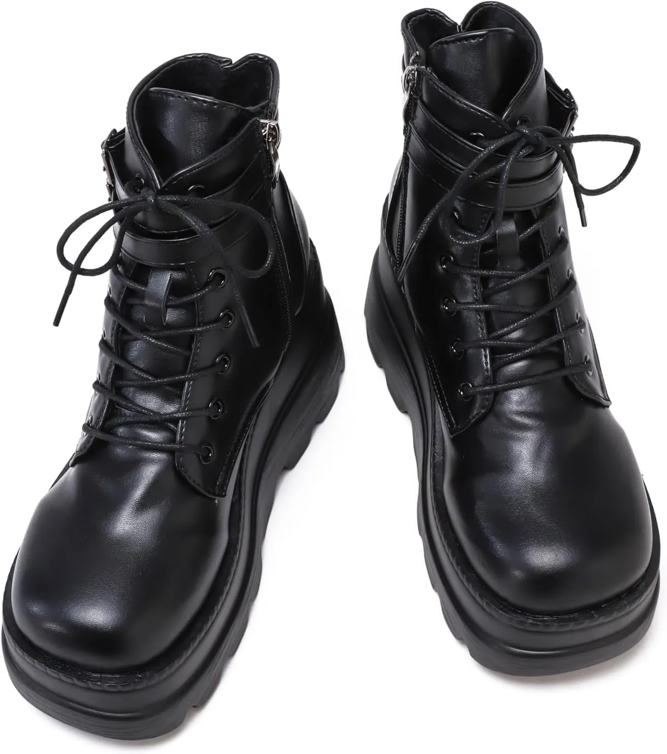 Womens Goth Platform Boots Chunky High Heel Booties Round Toe Combat Ankle Boots Womens Lace Up Motorcycle Wedges Shoes