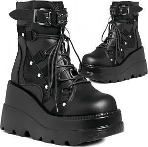 Womens Goth Platform Boots Chunky High Heel Booties Round Toe Combat Ankle Boots Womens Lace Up Motorcycle Wedges Shoes