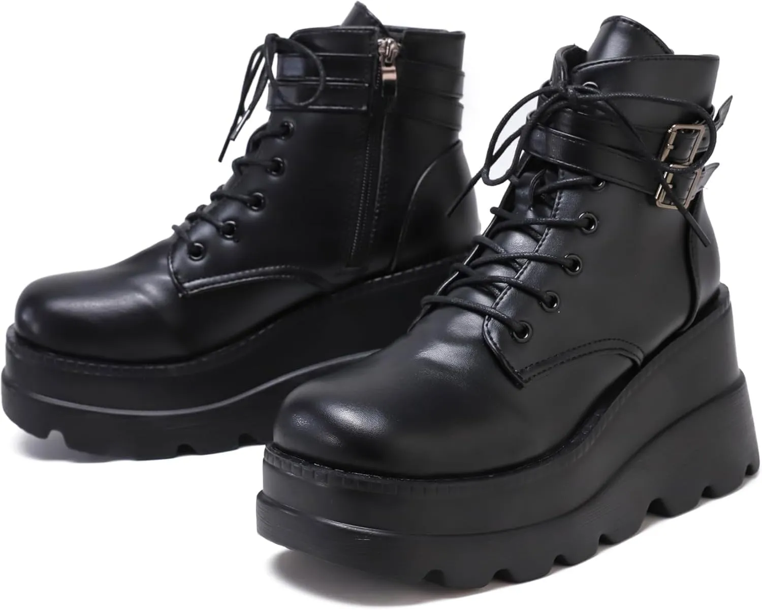 Womens Goth Platform Boots Chunky High Heel Booties Round Toe Combat Ankle Boots Womens Lace Up Motorcycle Wedges Shoes