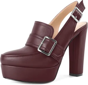 Women's High Heel Loafers Platform Pumps Round Toe Heels Chunky Heel Pumps Stylish Comfortable 4.8 Inch Slingback Heels