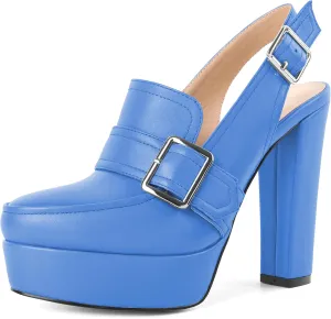 Women's High Heel Loafers Platform Pumps Round Toe Heels Chunky Heel Pumps Stylish Comfortable 4.8 Inch Slingback Heels