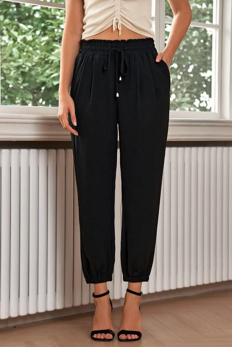 Women's High-Waisted Cropped Jogger Pants Casual Ankle Length Drawstring Waist Trousers Capri Pant with Pockets