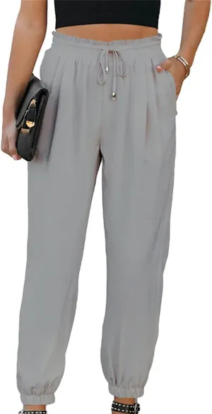 Women's High-Waisted Cropped Jogger Pants Casual Ankle Length Drawstring Waist Trousers Capri Pant with Pockets