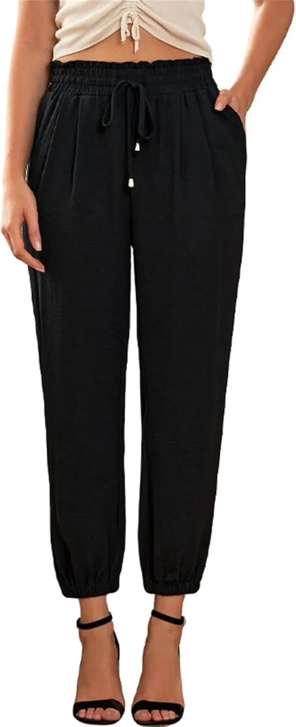 Women's High-Waisted Cropped Jogger Pants Casual Ankle Length Drawstring Waist Trousers Capri Pant with Pockets