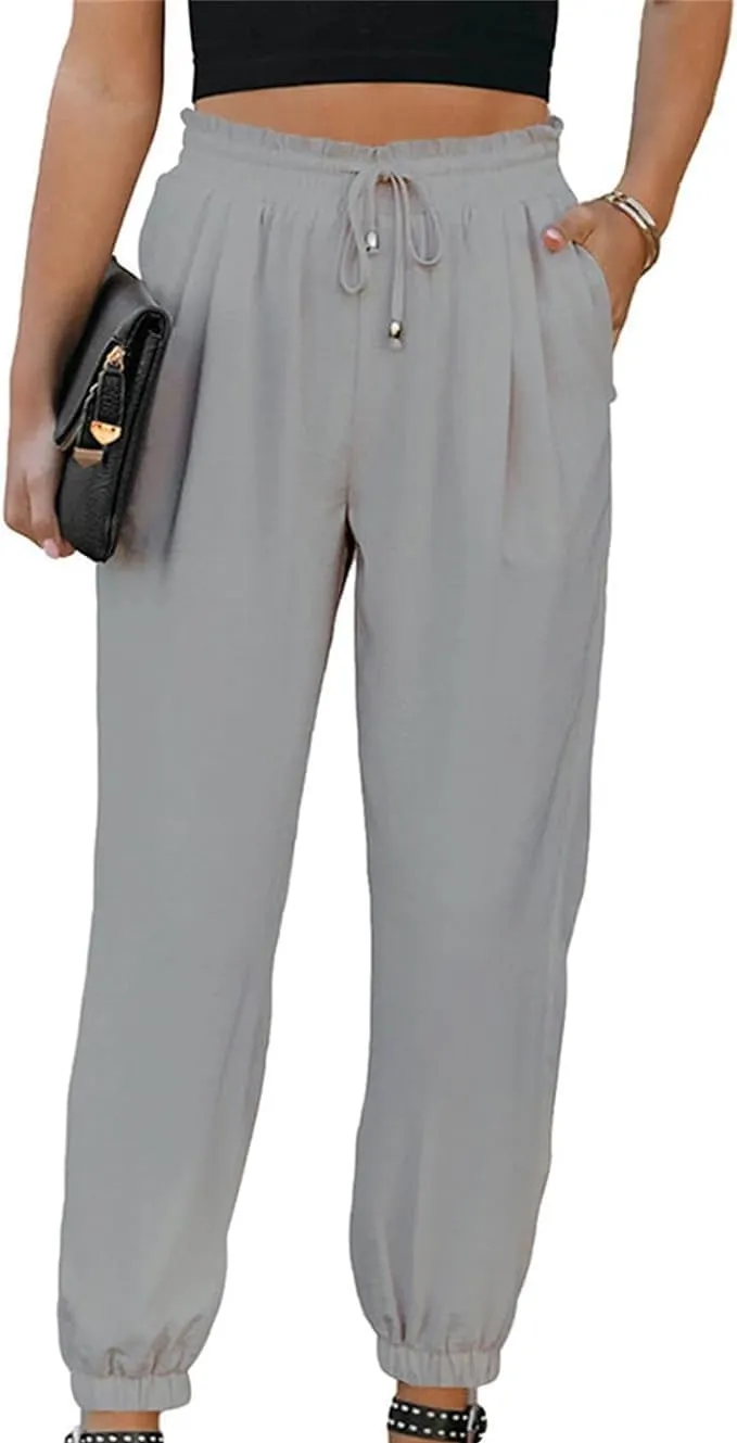 Women's High-Waisted Cropped Jogger Pants Casual Ankle Length Drawstring Waist Trousers Capri Pant with Pockets
