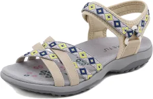 Womens Hiking Sandals Ladies Sport Sandals with Arch Support Comfortable Outdoor Sandals Adjustable Hook and Loop Strap Summer Fashionable Beach Shoes,Beige,9 US