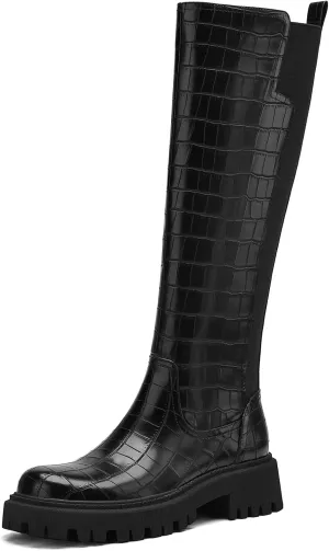 Women's Knee High Boots Fashion Platform Lug Sole Tall Riding Boots Comfortable Stretch Calf Dress Long Boots