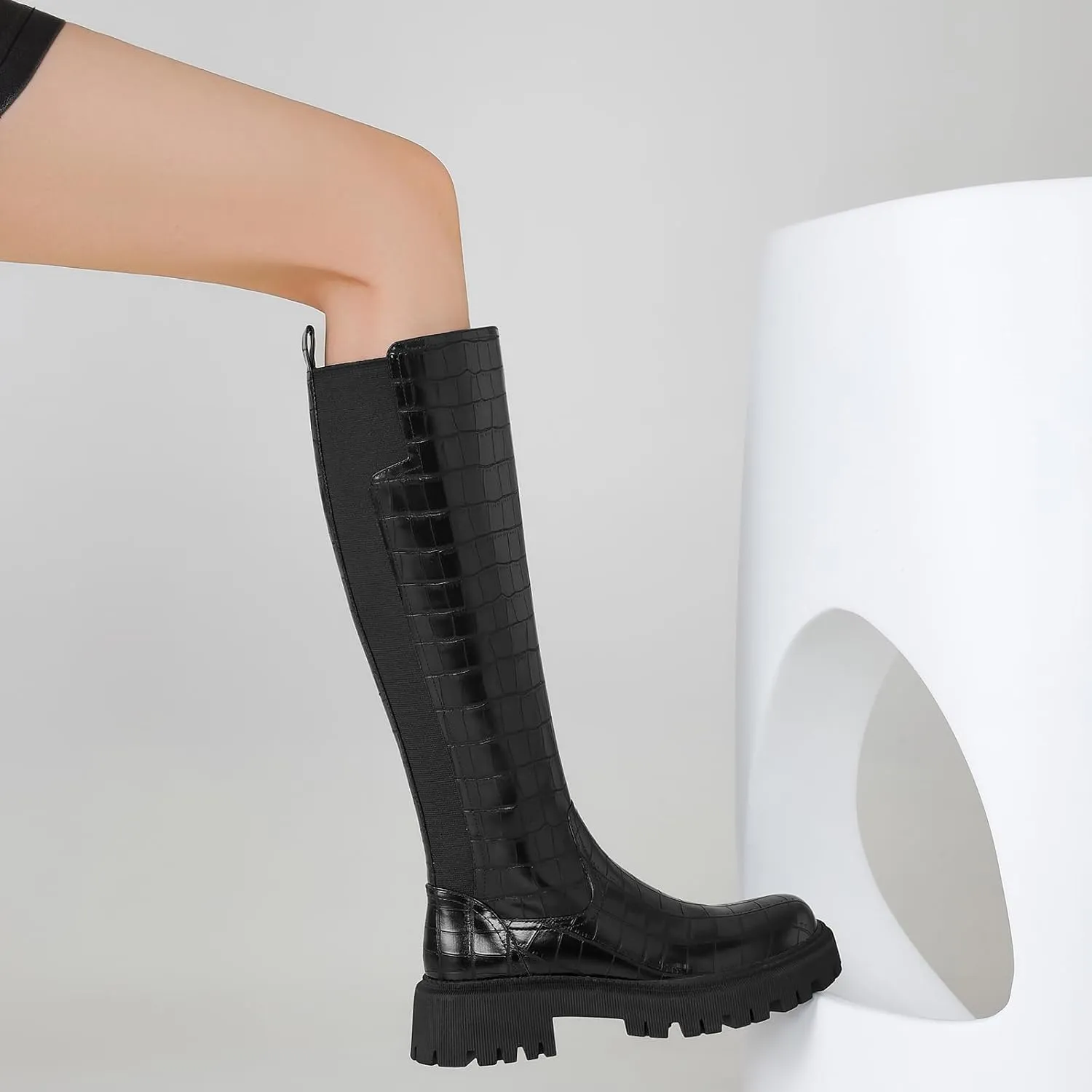 Women's Knee High Boots Fashion Platform Lug Sole Tall Riding Boots Comfortable Stretch Calf Dress Long Boots