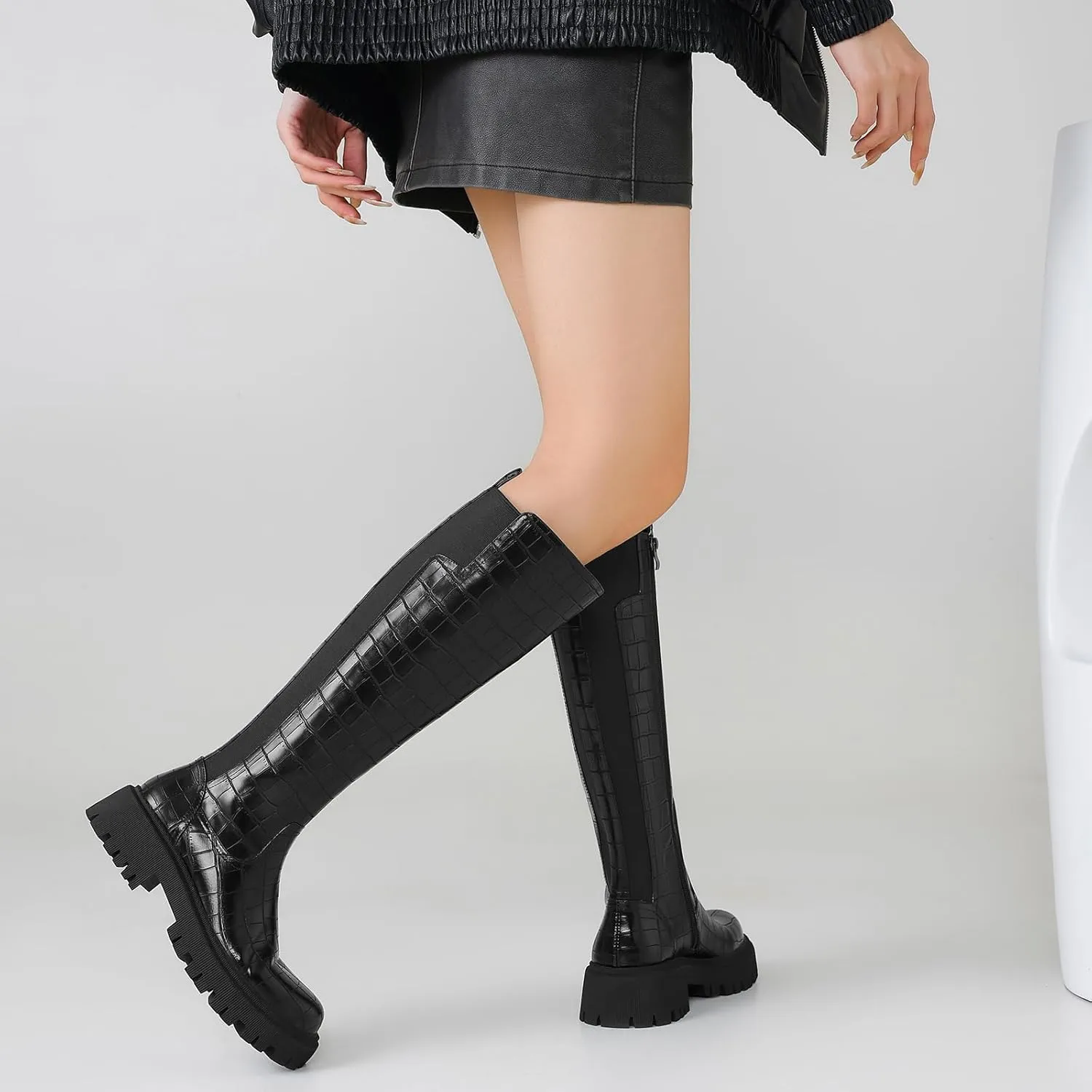 Women's Knee High Boots Fashion Platform Lug Sole Tall Riding Boots Comfortable Stretch Calf Dress Long Boots