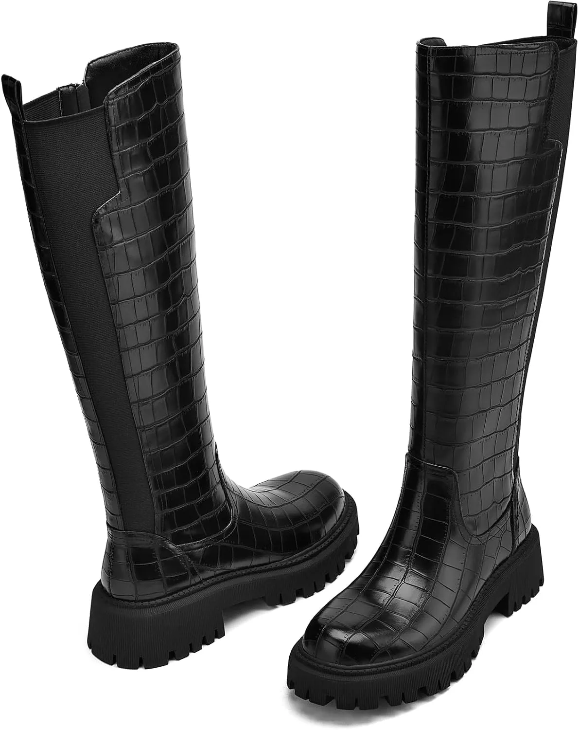 Women's Knee High Boots Fashion Platform Lug Sole Tall Riding Boots Comfortable Stretch Calf Dress Long Boots