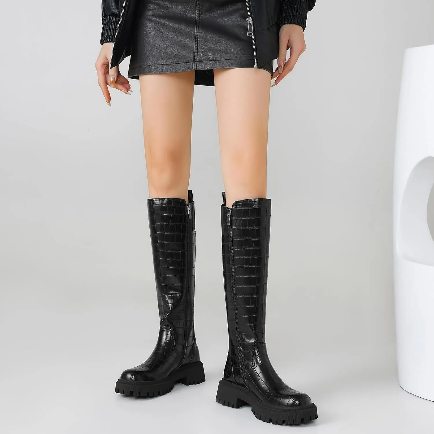 Women's Knee High Boots Fashion Platform Lug Sole Tall Riding Boots Comfortable Stretch Calf Dress Long Boots