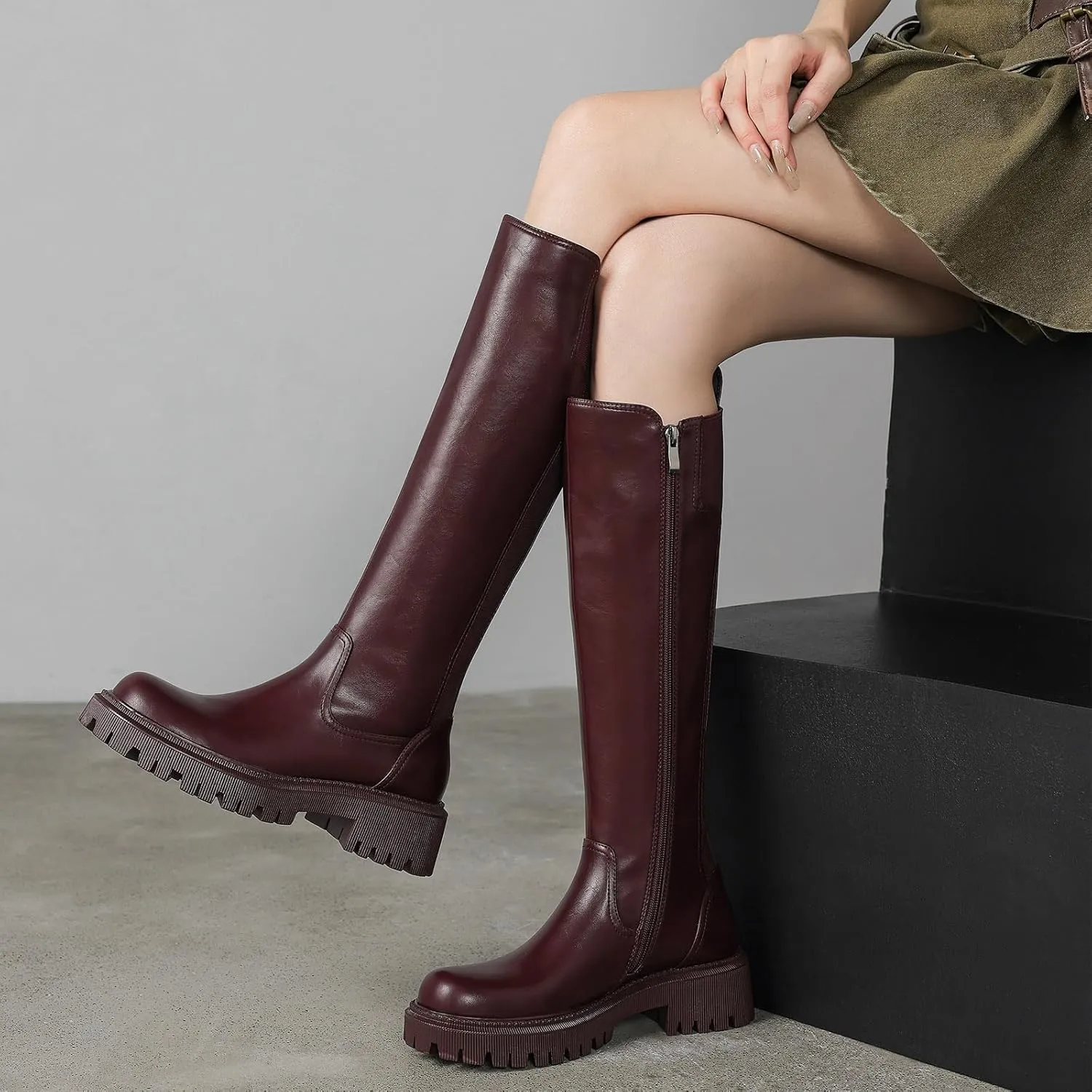 Women's Knee High Boots Fashion Platform Lug Sole Tall Riding Boots Comfortable Stretch Calf Dress Long Boots