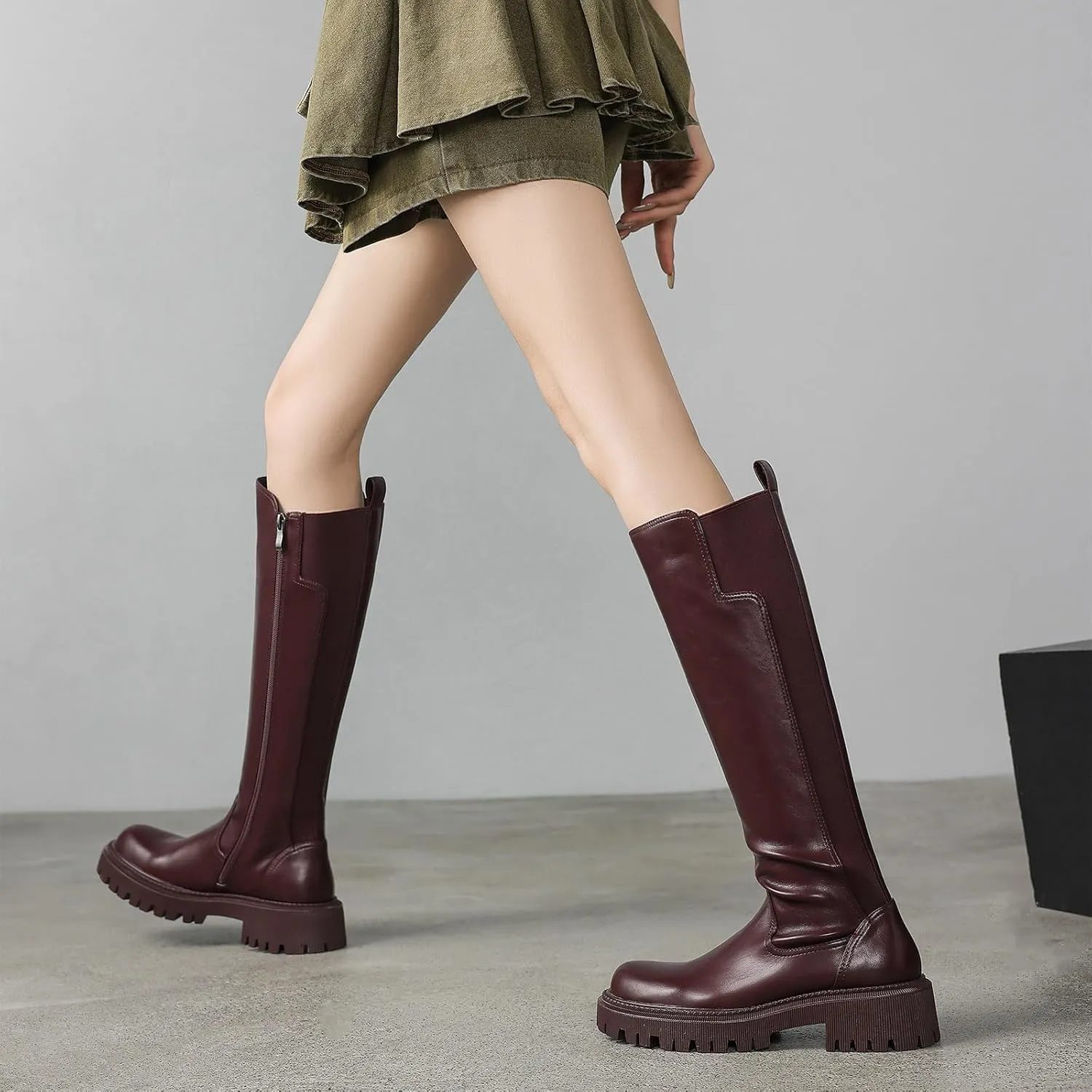 Women's Knee High Boots Fashion Platform Lug Sole Tall Riding Boots Comfortable Stretch Calf Dress Long Boots