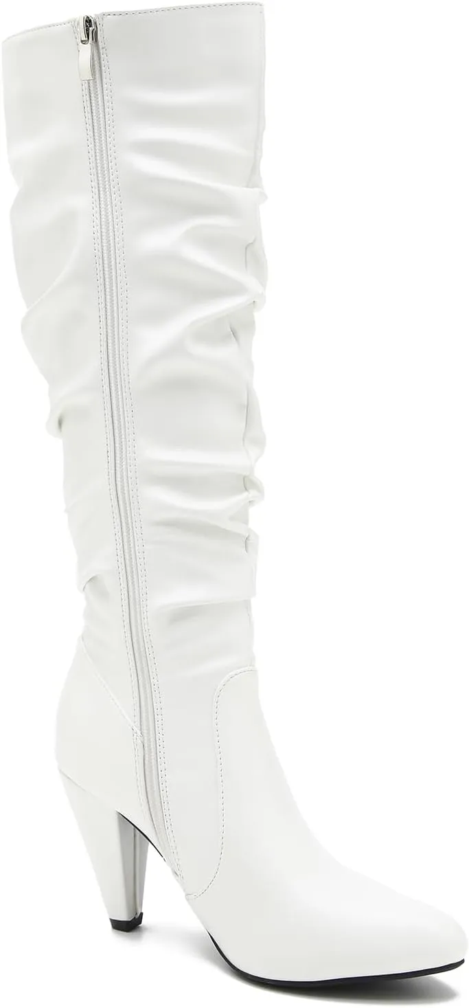 Women's Knee High Boots Pointed Toe Sexy Kitten Cone Heel Slouchy Boots Side Zipper Pleated Leather Tall Boots