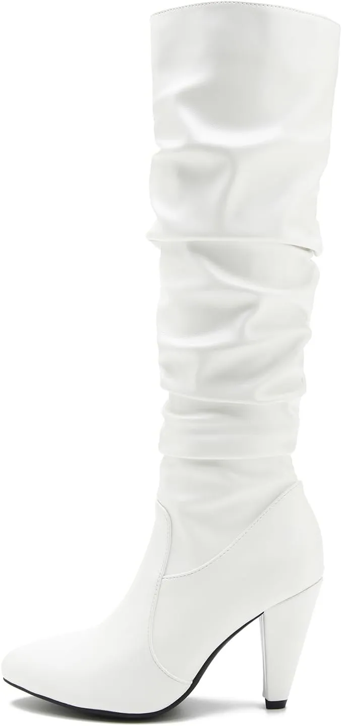 Women's Knee High Boots Pointed Toe Sexy Kitten Cone Heel Slouchy Boots Side Zipper Pleated Leather Tall Boots